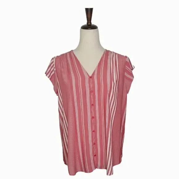 Liz Claiborne Red & White Striped V-neck Cap Sleeve Button Down Blouse Size S - Picture 2 of 8